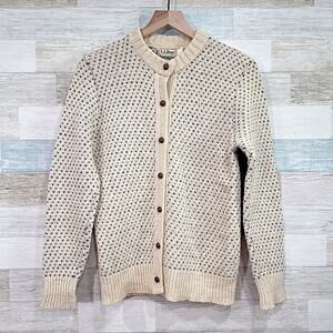 LL Bean Vintage Wool Aran Fisherman Chunky Knit Cardigan Beige USA Womens Large